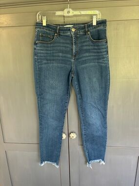 LOFT Dark Blue High-Rise Cropped Skinny Jeans with Frayed Hem